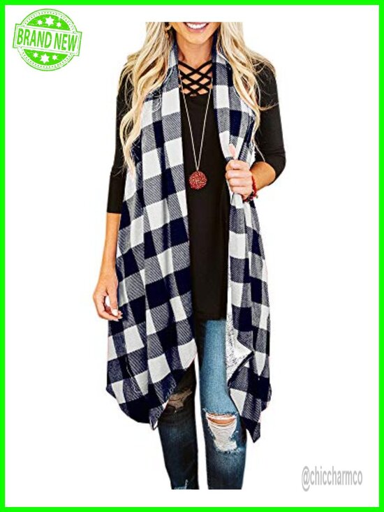 Sweaters - Womens Plaid Open Front Sleeveless Duster Cardigan Vest with Pockets